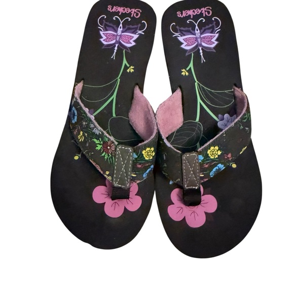 Skechers Black Flip Flops with Floral Accents y2k vintage size 7 new! - Picture 1 of 8